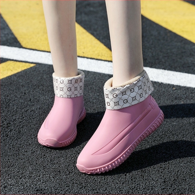 Cizme de ploaie pentru femei, iarnă, cu căptușeală pufoasă, partea superioară PVC, gambă scurtă, toc plat, talpă antiderapantă