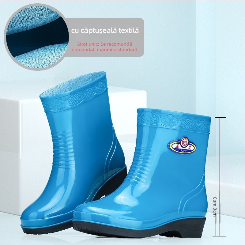 Cizme de ploaie din PVC pentru femei, înălțime medie a tubului, impermeabile și antiderapante, toc plat