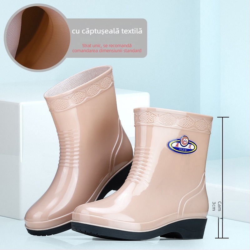 Cizme de ploaie din PVC pentru femei, înălțime medie a tubului, impermeabile și antiderapante, toc plat