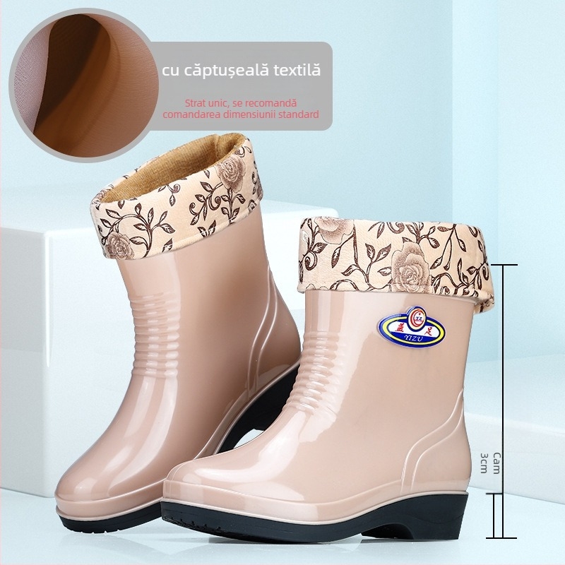 Cizme de ploaie din PVC pentru femei, înălțime medie a tubului, impermeabile și antiderapante, toc plat