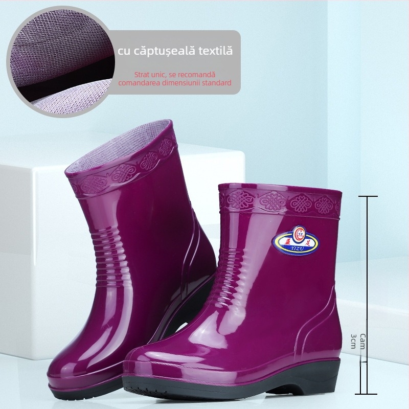 Cizme de ploaie din PVC pentru femei, înălțime medie a tubului, impermeabile și antiderapante, toc plat