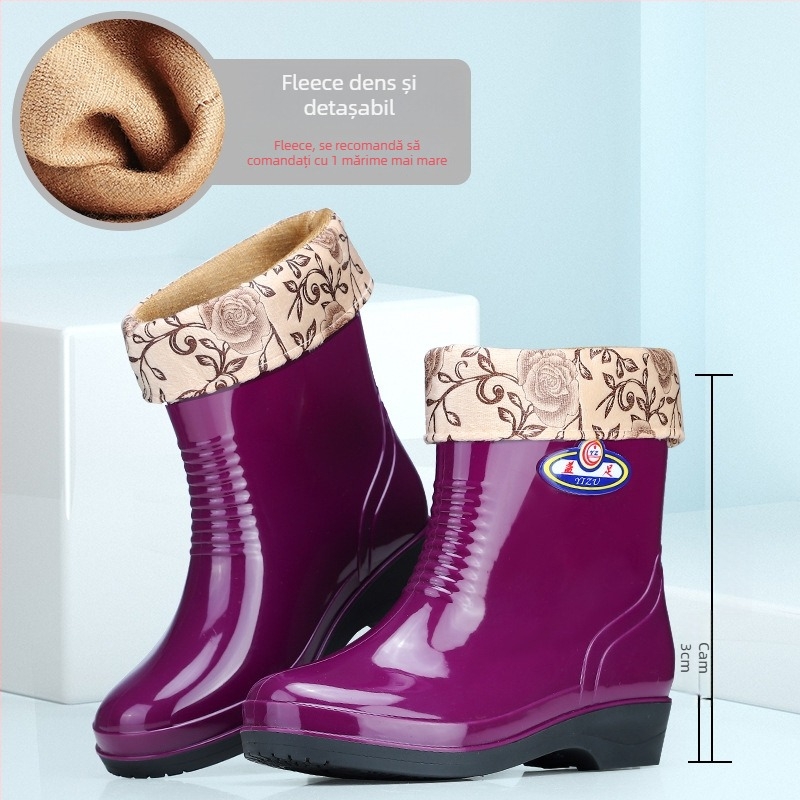 Cizme de ploaie din PVC pentru femei, înălțime medie a tubului, impermeabile și antiderapante, toc plat