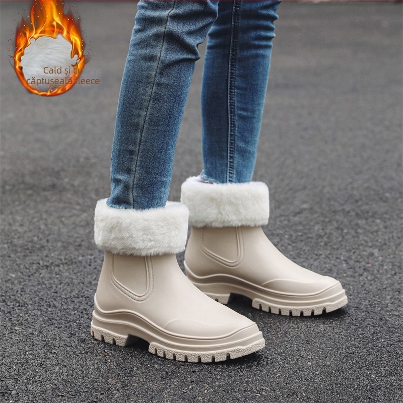 Cizme de ploaie din PVC pentru femei, cu înălțime scurtă, căptușite cu fleece, impermeabile, talpă antiderapantă