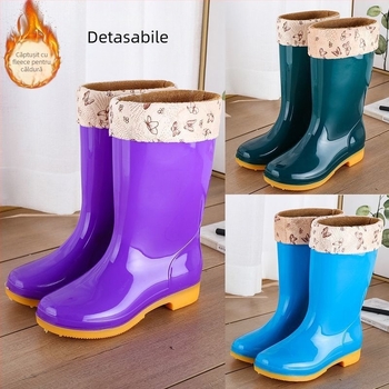 Cizme de ploaie pentru femei, înălțime peste gleznă, partea superioară din bumbac gros, impermeabile