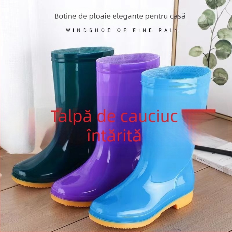 Cizme de ploaie pentru femei, înălțime peste gleznă, partea superioară din bumbac gros, impermeabile