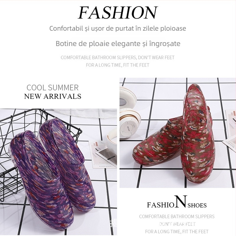 Cizme de ploaie pentru femei, din PVC, gambă joasă, model floral, toc plat
