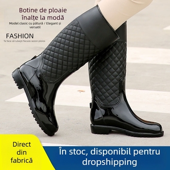 Cizme de ploaie pentru femei, înalte, cu model pătrat în carouri diamantate, partea superioară din PVC, toc mediu 3-5 cm, potrivite pentru patru sezoane