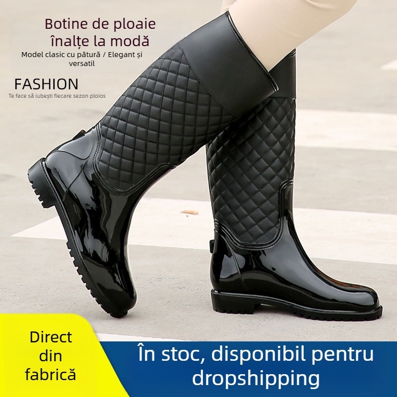 Cizme de ploaie pentru femei, înalte, cu model pătrat în carouri diamantate, partea superioară din PVC, toc mediu 3-5 cm, potrivite pentru patru sezoane