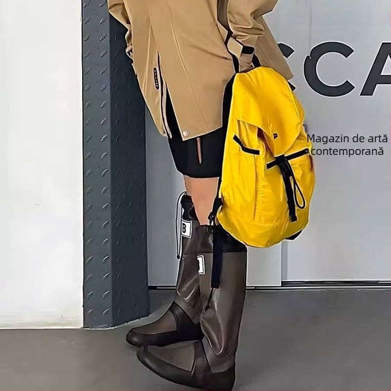 Cizme de ploaie pentru femei cu model color-block, tibie înaltă, partea superioară din piele sintetică, toc plat, potrivite pentru toamnă și iarnă