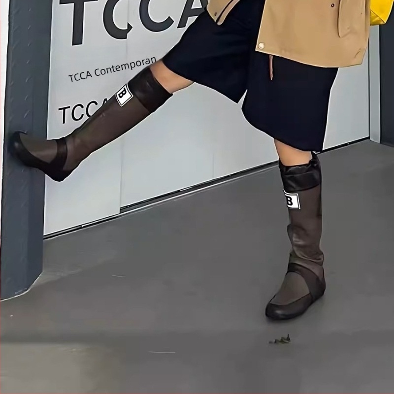 Cizme de ploaie pentru femei cu model color-block, tibie înaltă, partea superioară din piele sintetică, toc plat, potrivite pentru toamnă și iarnă