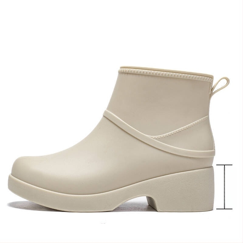 Cizme de ploaie pentru femei, înălțime joasă (PVC partea superioară, vârf rotund, talpă impermeabilă antiderapantă, toc mediu 3–5 cm)