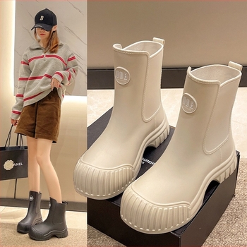 Cizme de ploaie pentru femei, înălțime medie, impermeabile, căptușite cu fleece, toc mic, PVC partea superioară
