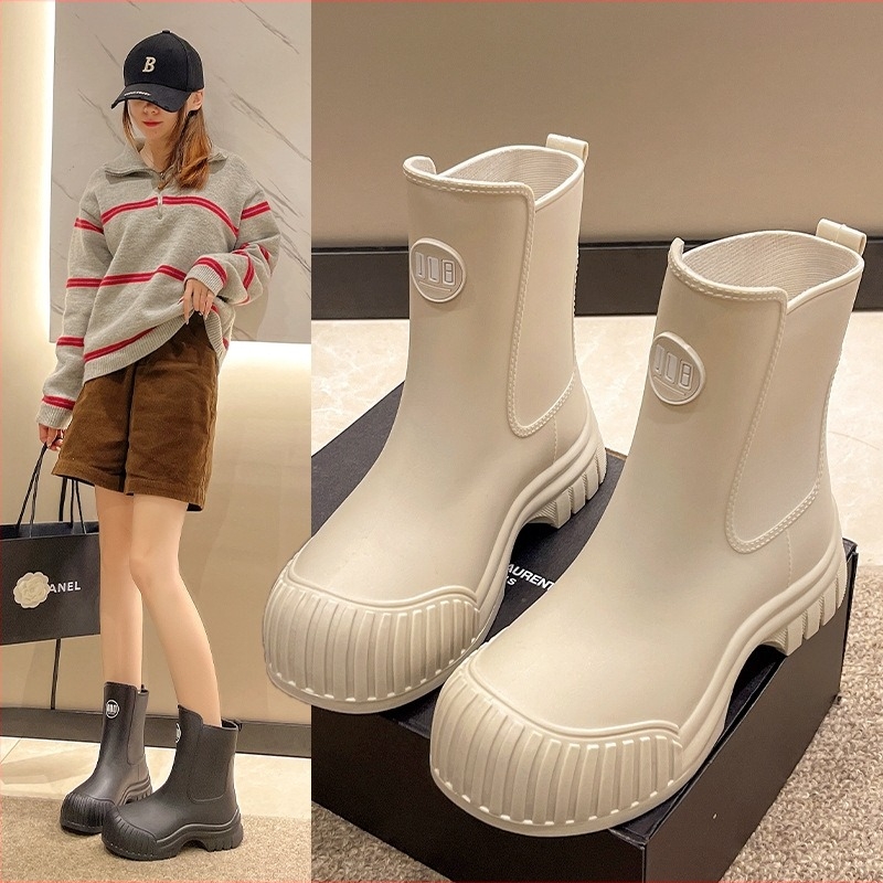 Cizme de ploaie pentru femei, înălțime medie, impermeabile, căptușite cu fleece, toc mic, PVC partea superioară