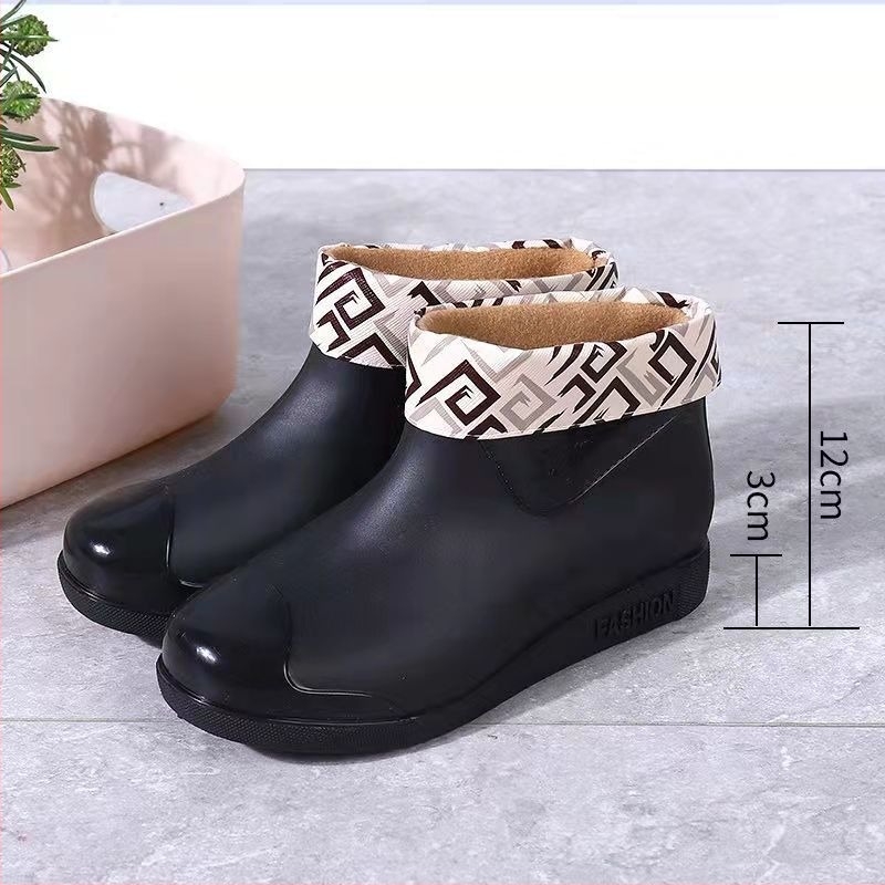 Cizme de ploaie pentru femei, gambă joasă, exterior PVC, căptușeală din bumbac detașabilă, toc mic 1–3 cm, stil coreean