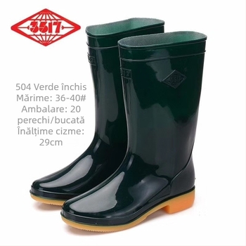 Cizme de ploaie pentru femei, din PVC, înălțime medie a tibiei, talpă întărită, toc mic 1-3 cm, model monocrom.