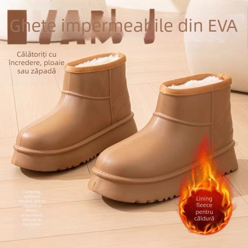 Cizme de zăpadă impermeabile pentru femei, căptușite cu fleece, partea superioară EVA, glezna joasă, talpă groasă, toc mediu 3-5 cm, culoare uni, încălțăminte de iarnă