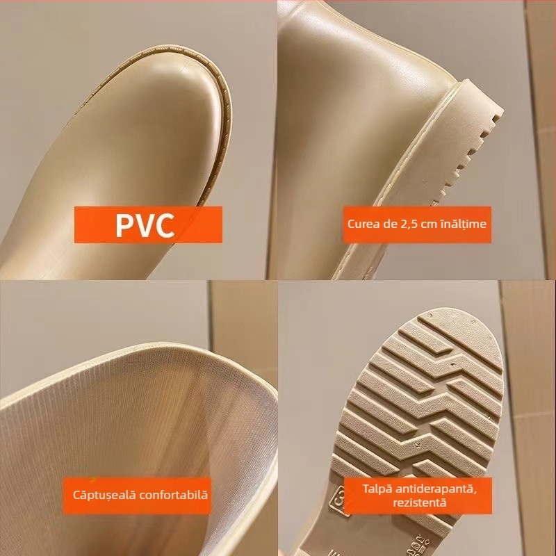 Cizme de ploaie pentru femei din PVC, gât înalt, stil zilnic, toc mic 1–3 cm