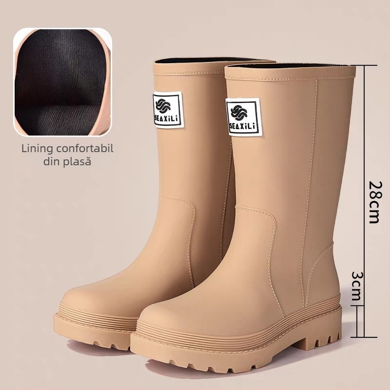 Cizme de ploaie pentru femei, înălțime medie, din PVC, călduroase și impermeabile, talpă antiderapantă, anti-țânțari