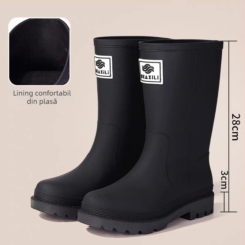 Cizme de ploaie pentru femei, înălțime medie, din PVC, călduroase și impermeabile, talpă antiderapantă, anti-țânțari