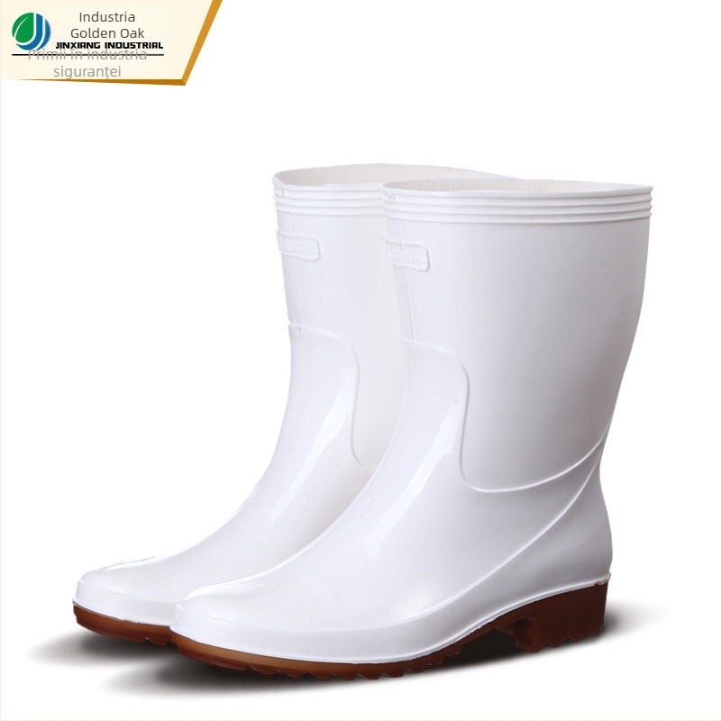 Golden Oak Cizme de ploaie din PVC pentru femei, înălțime medie, antiderapante, impermeabile, toc plat