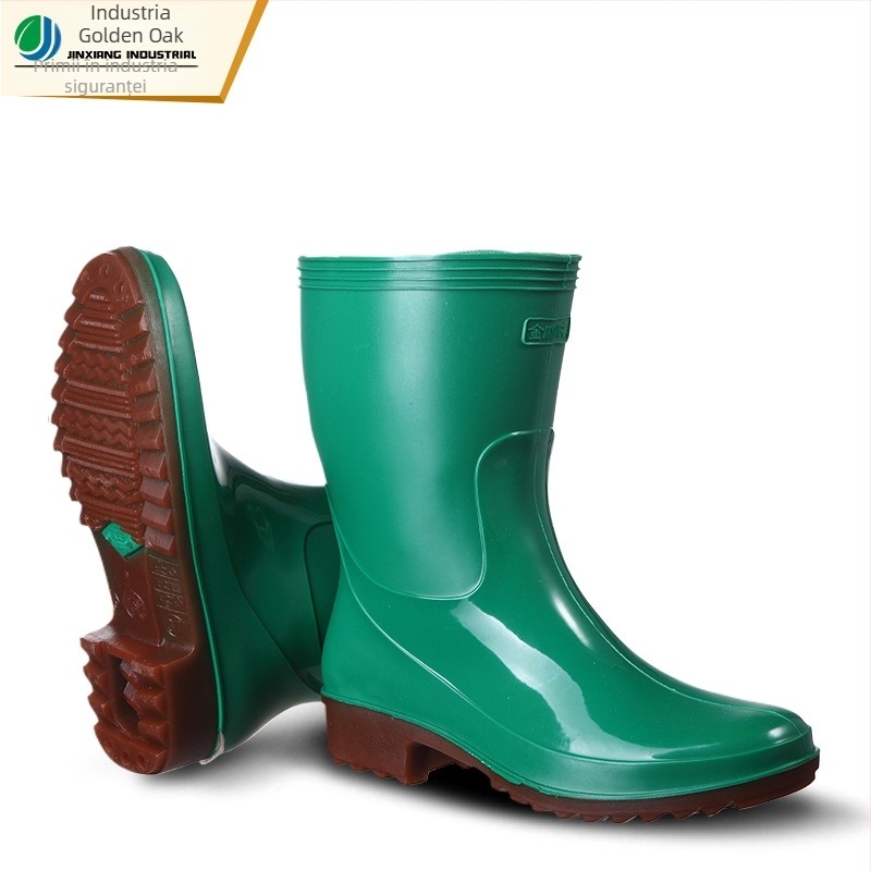 Golden Oak Cizme de ploaie din PVC pentru femei, înălțime medie, antiderapante, impermeabile, toc plat