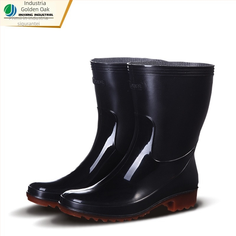 Golden Oak Cizme de ploaie din PVC pentru femei, înălțime medie, antiderapante, impermeabile, toc plat