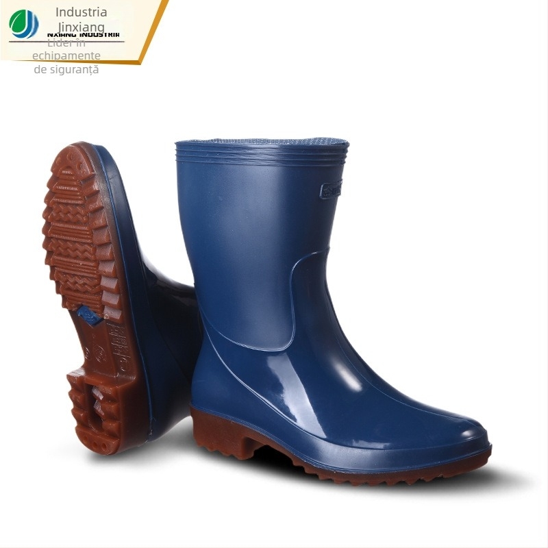 Golden Oak Cizme de ploaie din PVC pentru femei, înălțime medie, antiderapante, impermeabile, toc plat