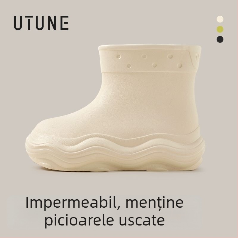 Cizme de ploaie pentru femei, impermeabile pentru toate anotimpurile, partea superioară EVA, gambă medie, talpă moale antiderapantă EVA, toc 3–5 cm