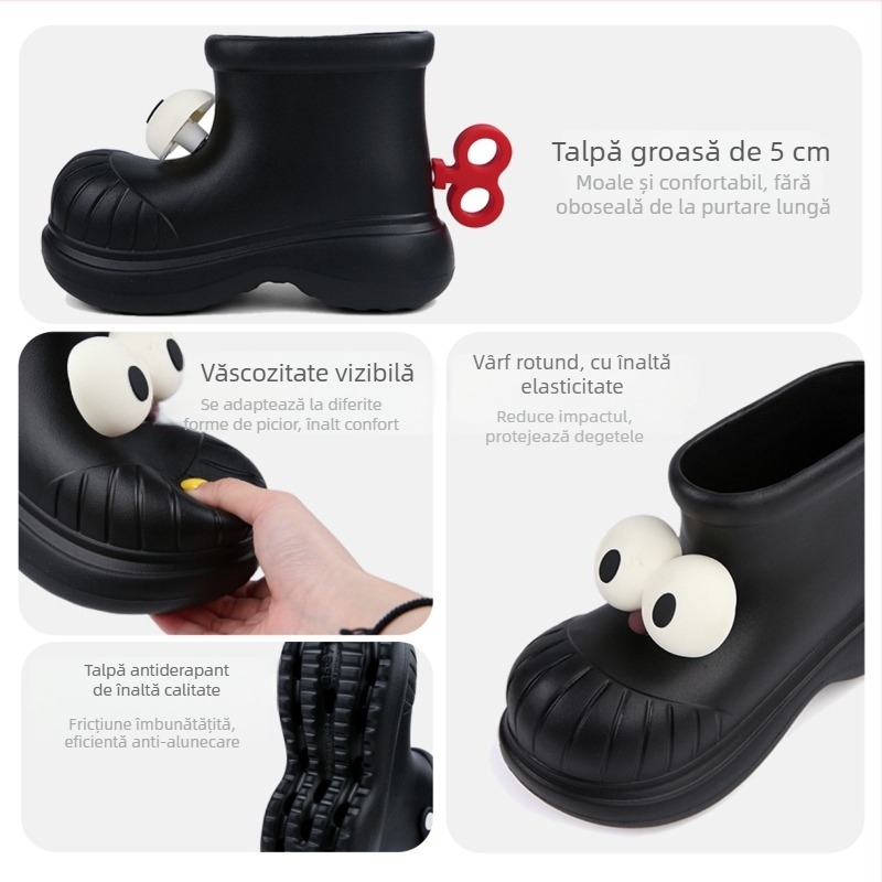 Cizme de ploaie pentru femei - vârf rotund, impermeabile pentru toate anotimpurile, partea superioară EVA, gambă scurtă, toc 3-5 cm