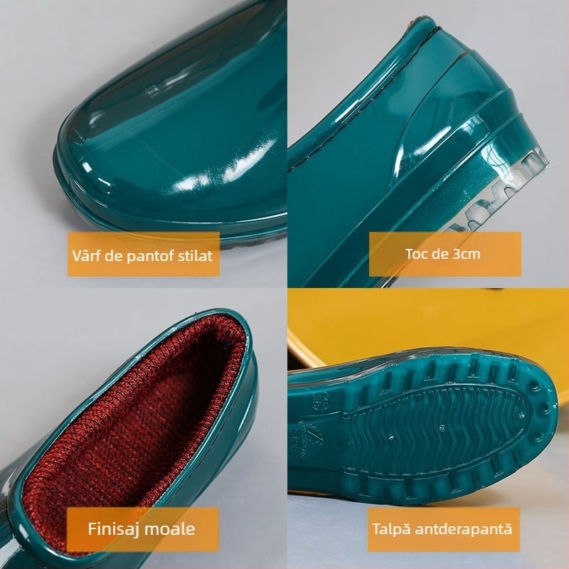 Ghete de ploaie pentru femei (Impermeabile; Antiderapante; Exterior PVC; Toc mic 1–3 cm; Pentru toate anotimpurile)