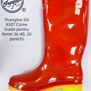Cizme de ploaie pentru femei, partea superioară din PVC, talpă din cauciuc, gambă de înălțime medie, toc mic de 1–3 cm, impermeabile și antiderapante