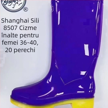 Cizme de ploaie pentru femei, partea superioară din PVC, talpă din cauciuc, gambă de înălțime medie, toc mic de 1–3 cm, impermeabile și antiderapante