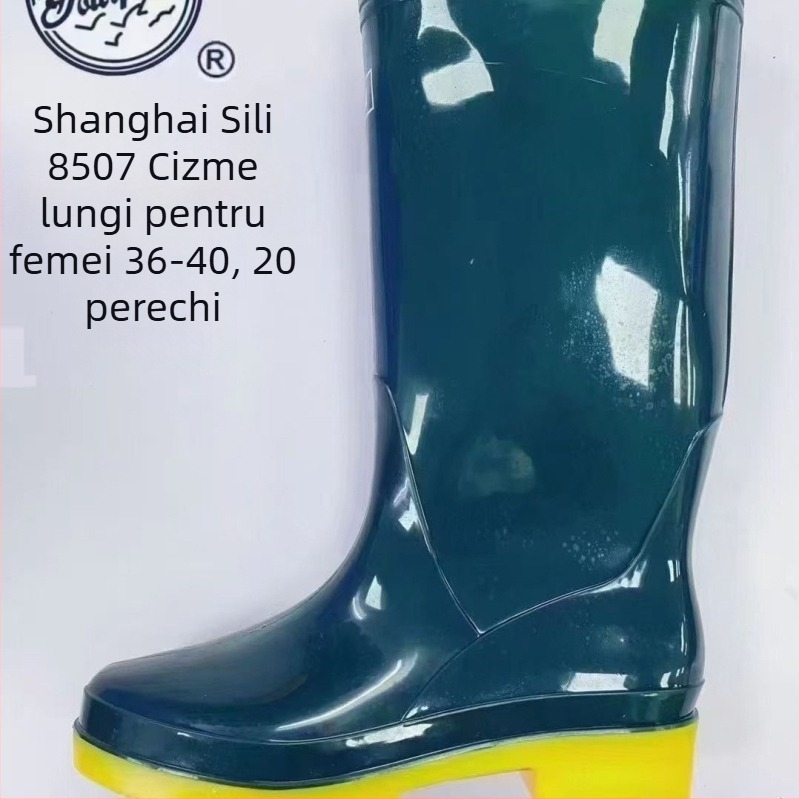Cizme de ploaie pentru femei, partea superioară din PVC, talpă din cauciuc, gambă de înălțime medie, toc mic de 1–3 cm, impermeabile și antiderapante