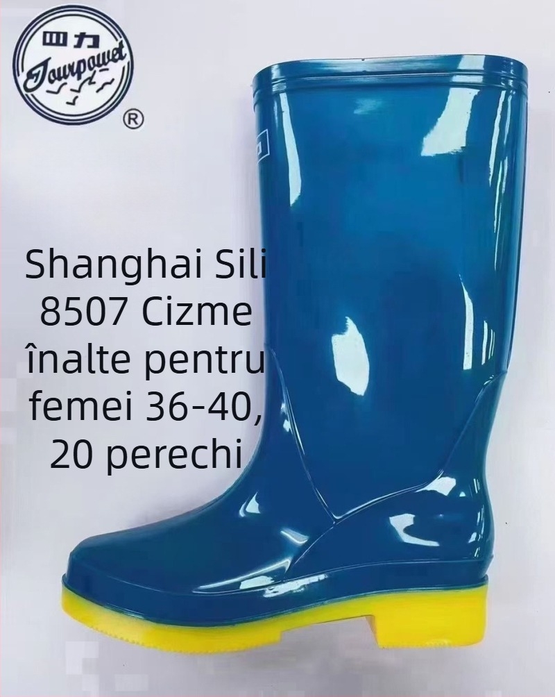 Cizme de ploaie pentru femei, partea superioară din PVC, talpă din cauciuc, gambă de înălțime medie, toc mic de 1–3 cm, impermeabile și antiderapante