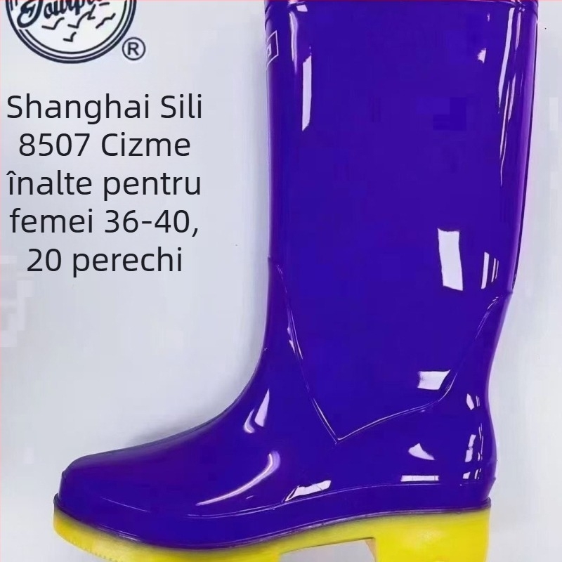 Cizme de ploaie pentru femei, partea superioară din PVC, talpă din cauciuc, gambă de înălțime medie, toc mic de 1–3 cm, impermeabile și antiderapante