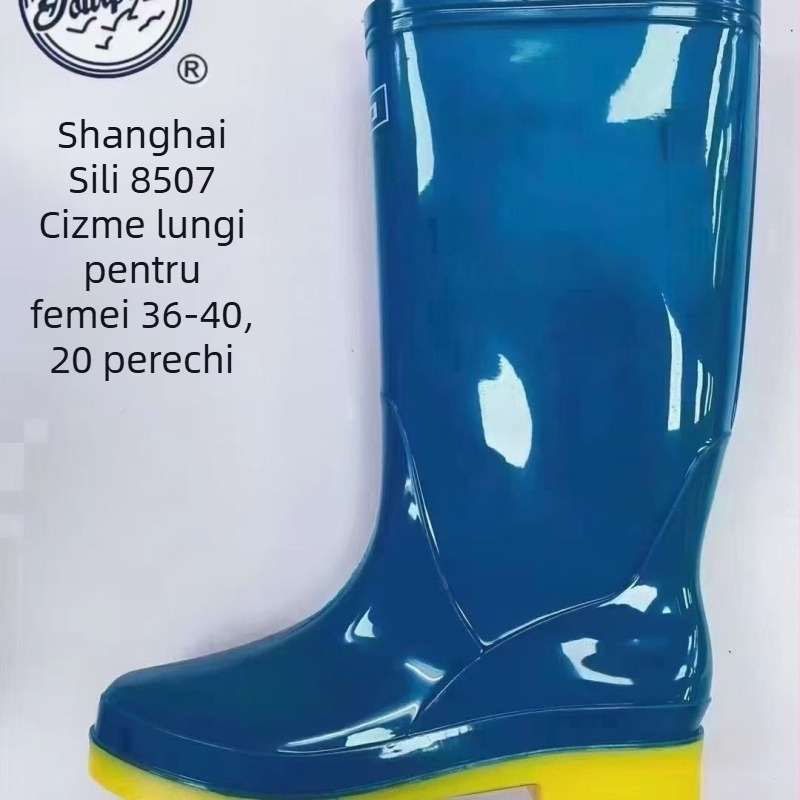 Cizme de ploaie pentru femei, partea superioară din PVC, talpă din cauciuc, gambă de înălțime medie, toc mic de 1–3 cm, impermeabile și antiderapante