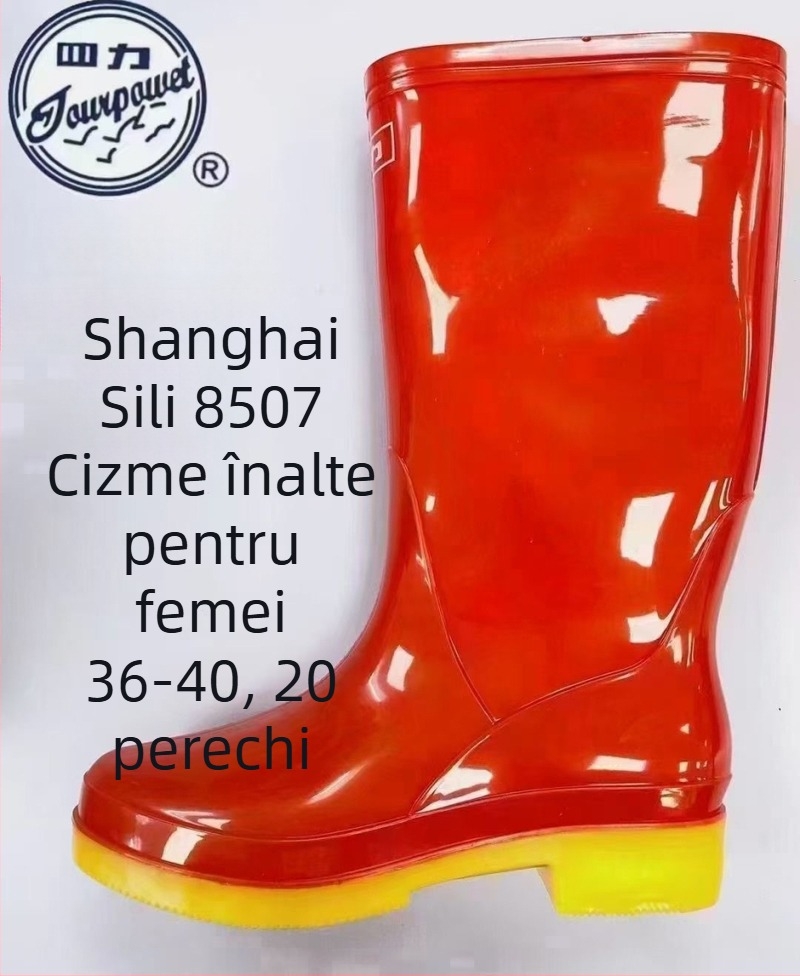 Cizme de ploaie pentru femei, partea superioară din PVC, talpă din cauciuc, gambă de înălțime medie, toc mic de 1–3 cm, impermeabile și antiderapante