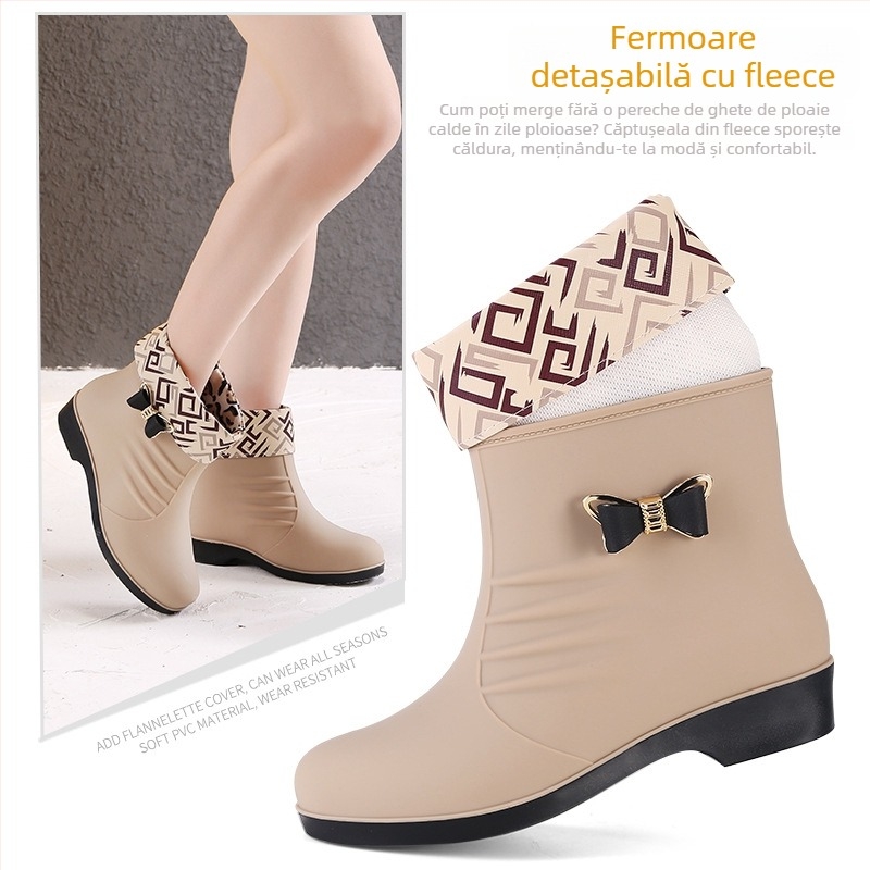 Cizme de ploaie pentru femei, căptușite cu fleece, stil coreean, impermeabile, talpă antiderapantă, gambă joasă