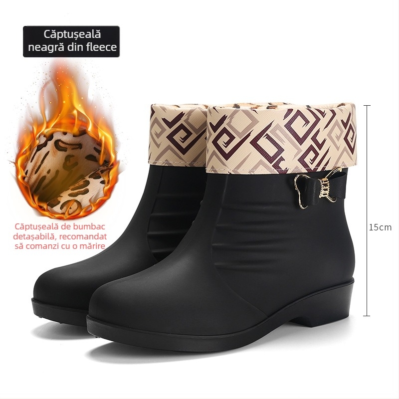 Cizme de ploaie pentru femei, căptușite cu fleece, stil coreean, impermeabile, talpă antiderapantă, gambă joasă