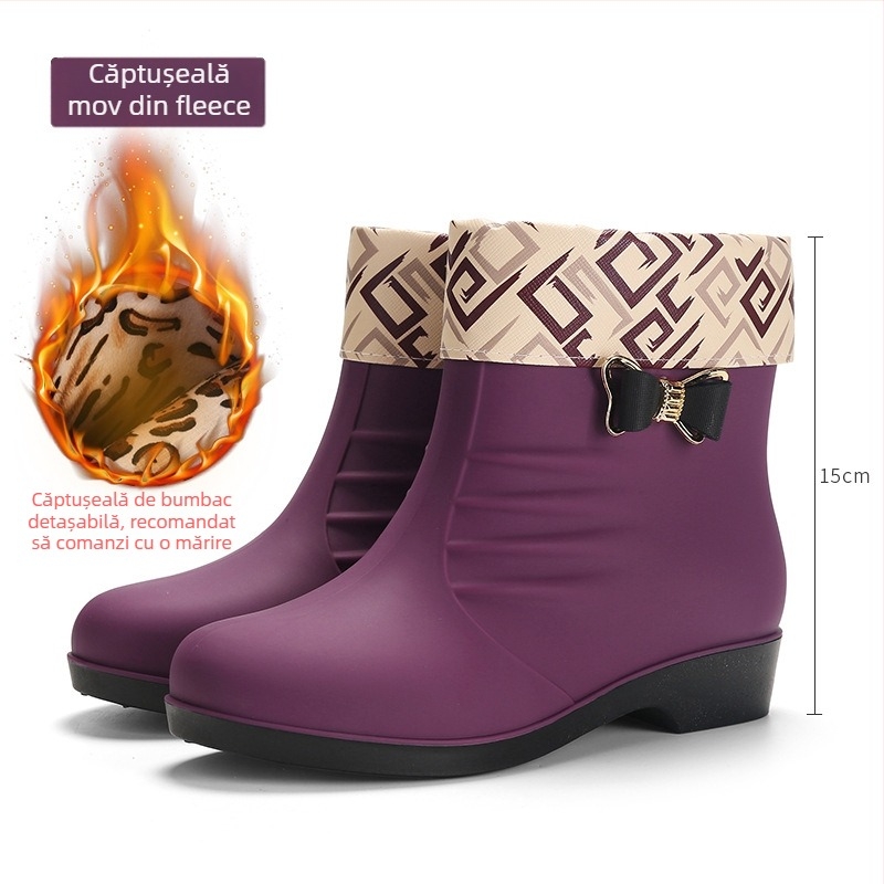 Cizme de ploaie pentru femei, căptușite cu fleece, stil coreean, impermeabile, talpă antiderapantă, gambă joasă