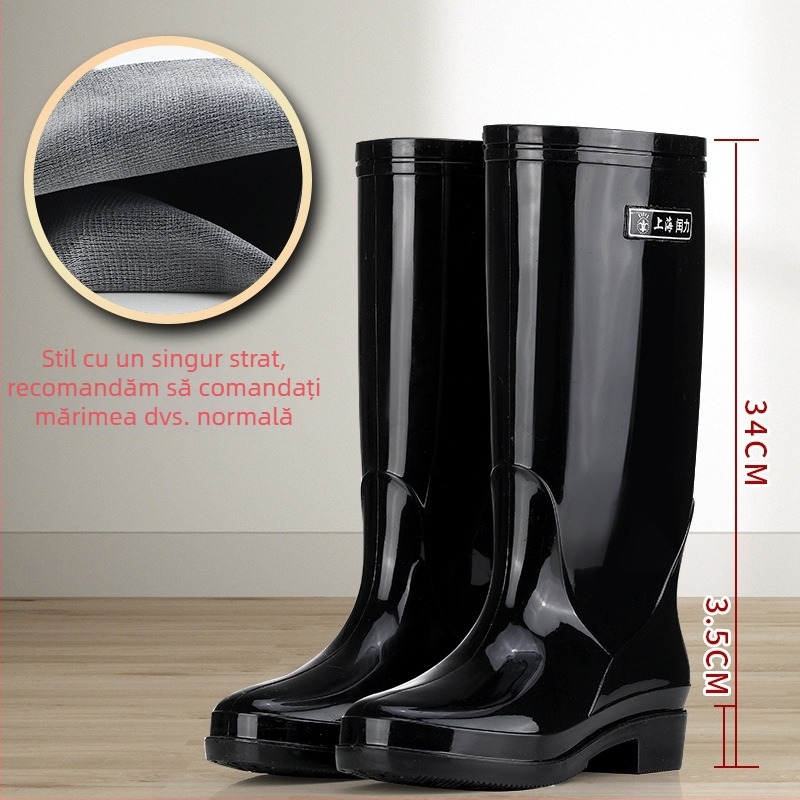 Cizme de ploaie pentru femei, tub înalt din PVC, impermeabile, antiderapante, toc mic 1–3 cm