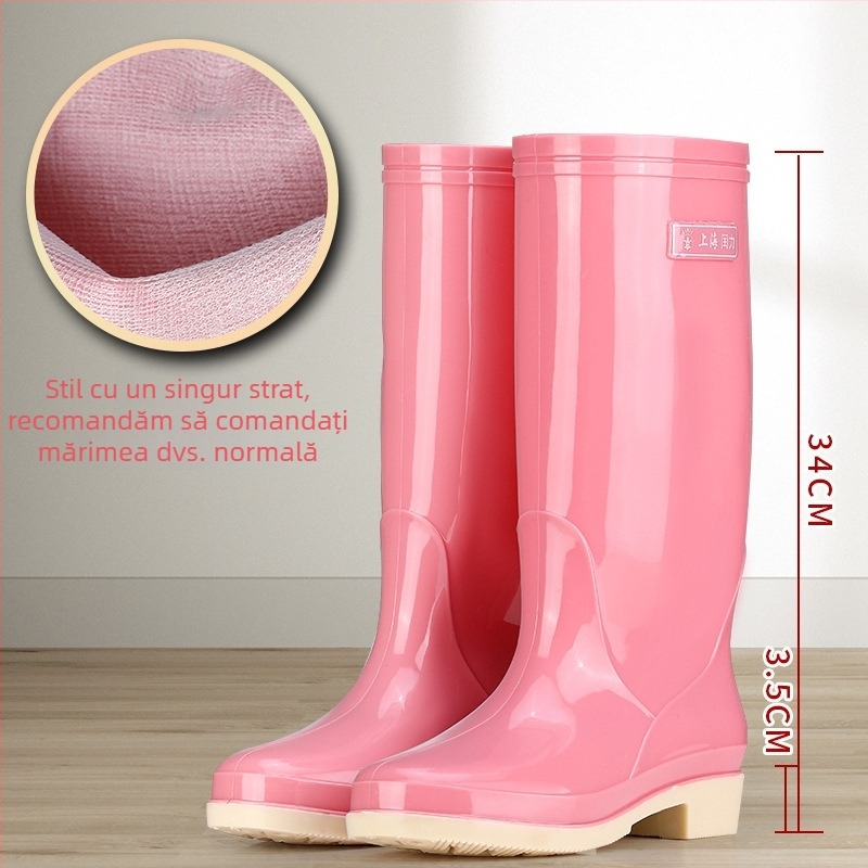 Cizme de ploaie pentru femei, tub înalt din PVC, impermeabile, antiderapante, toc mic 1–3 cm