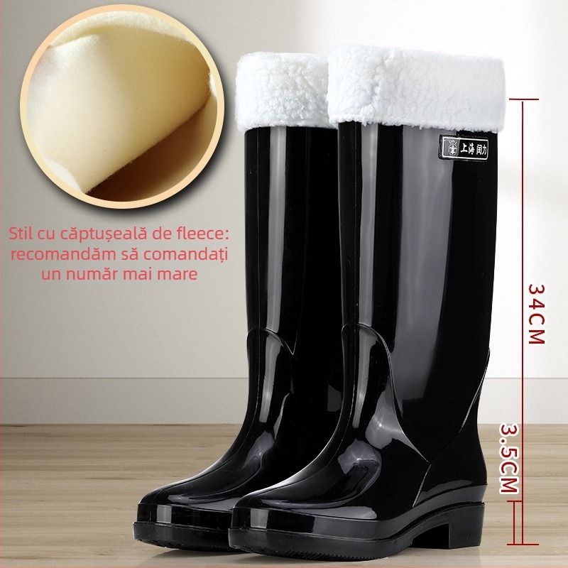 Cizme de ploaie pentru femei, tub înalt din PVC, impermeabile, antiderapante, toc mic 1–3 cm