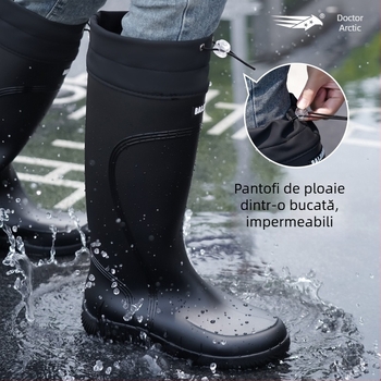 Ghete de ploaie pentru femei, partea superioară din PVC, gambă înaltă, toc mic 1–3 cm, patru sezoane, închidere cu mansetă