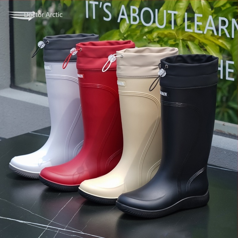 Ghete de ploaie pentru femei, partea superioară din PVC, gambă înaltă, toc mic 1–3 cm, patru sezoane, închidere cu mansetă