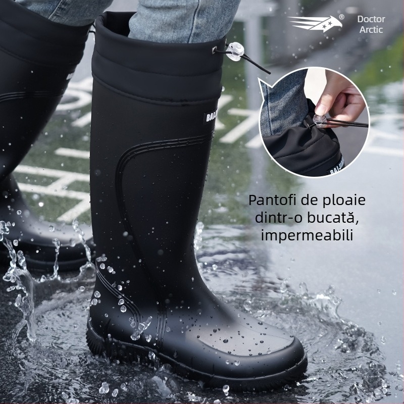 Ghete de ploaie pentru femei, partea superioară din PVC, gambă înaltă, toc mic 1–3 cm, patru sezoane, închidere cu mansetă