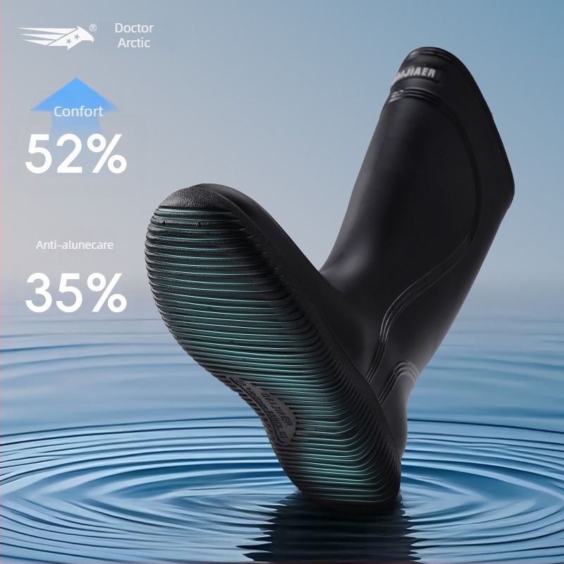 Ghete de ploaie pentru femei, partea superioară din PVC, gambă înaltă, toc mic 1–3 cm, patru sezoane, închidere cu mansetă