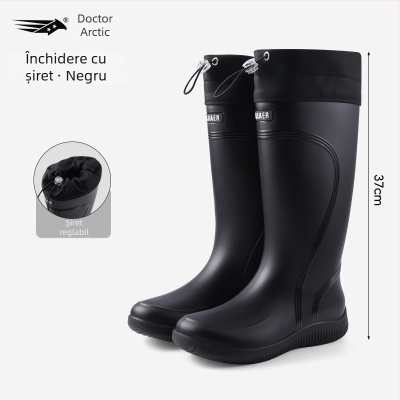 Ghete de ploaie pentru femei, partea superioară din PVC, gambă înaltă, toc mic 1–3 cm, patru sezoane, închidere cu mansetă