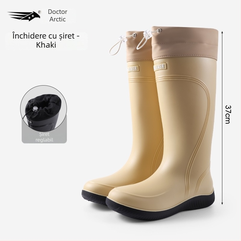 Ghete de ploaie pentru femei, partea superioară din PVC, gambă înaltă, toc mic 1–3 cm, patru sezoane, închidere cu mansetă