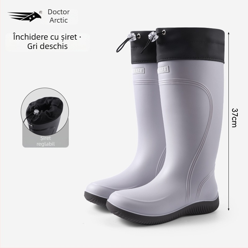 Ghete de ploaie pentru femei, partea superioară din PVC, gambă înaltă, toc mic 1–3 cm, patru sezoane, închidere cu mansetă